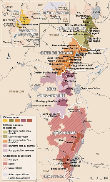 Carte des vignobles de Bourgogne